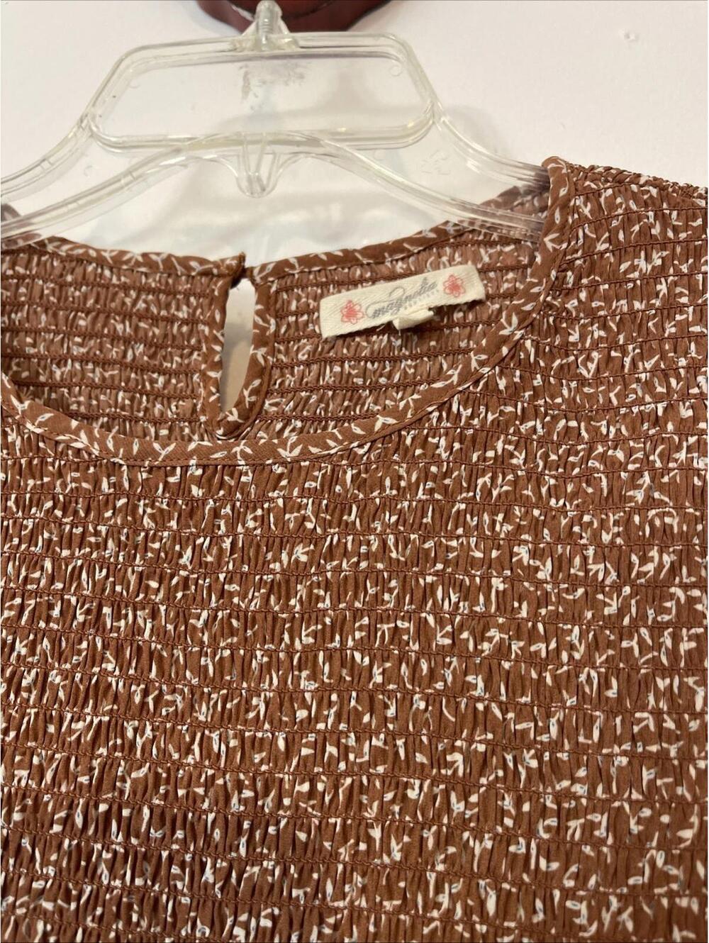 Magnolia Womens Medium Brown Floral Pleated Elastic-Waist Ruffled Blouse! A6846 - Picture 4 of 9